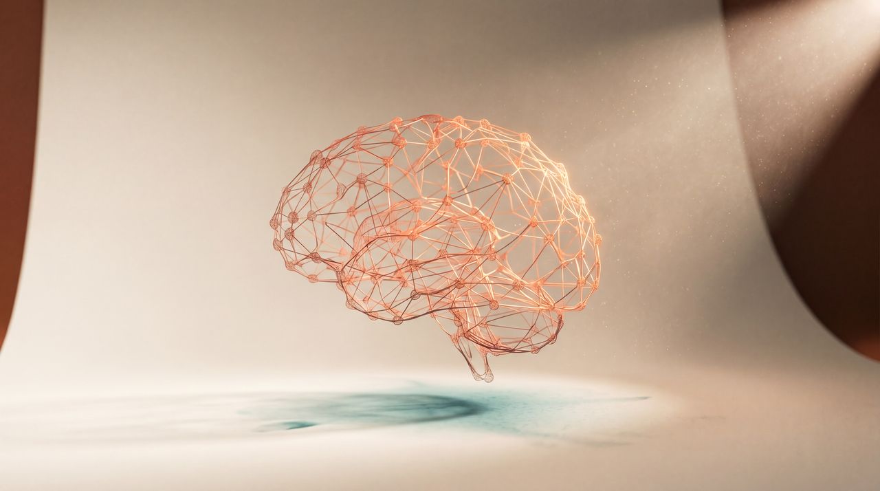 Neural mesh hovering above paper, casting a teal wireframe shadow