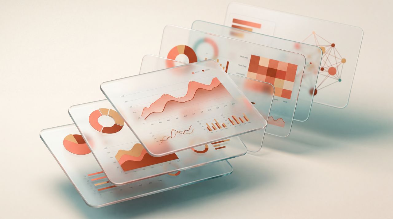 Stacked frosted-glass dashboard panels with coral data viz
