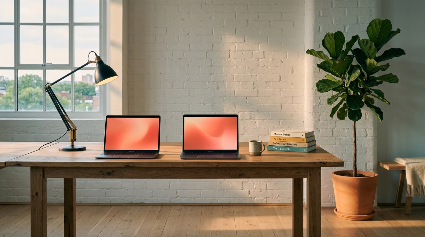 A quiet brick-walled studio with two laptops glowing coral, an architect lamp, and a fiddle-leaf fig by the window.